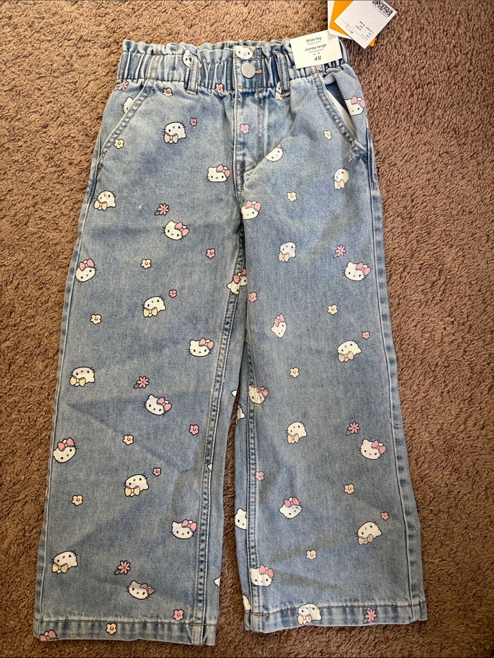 H&M Light Blue Denim Kids Jeans with White & Pink Hello Kitty Print
